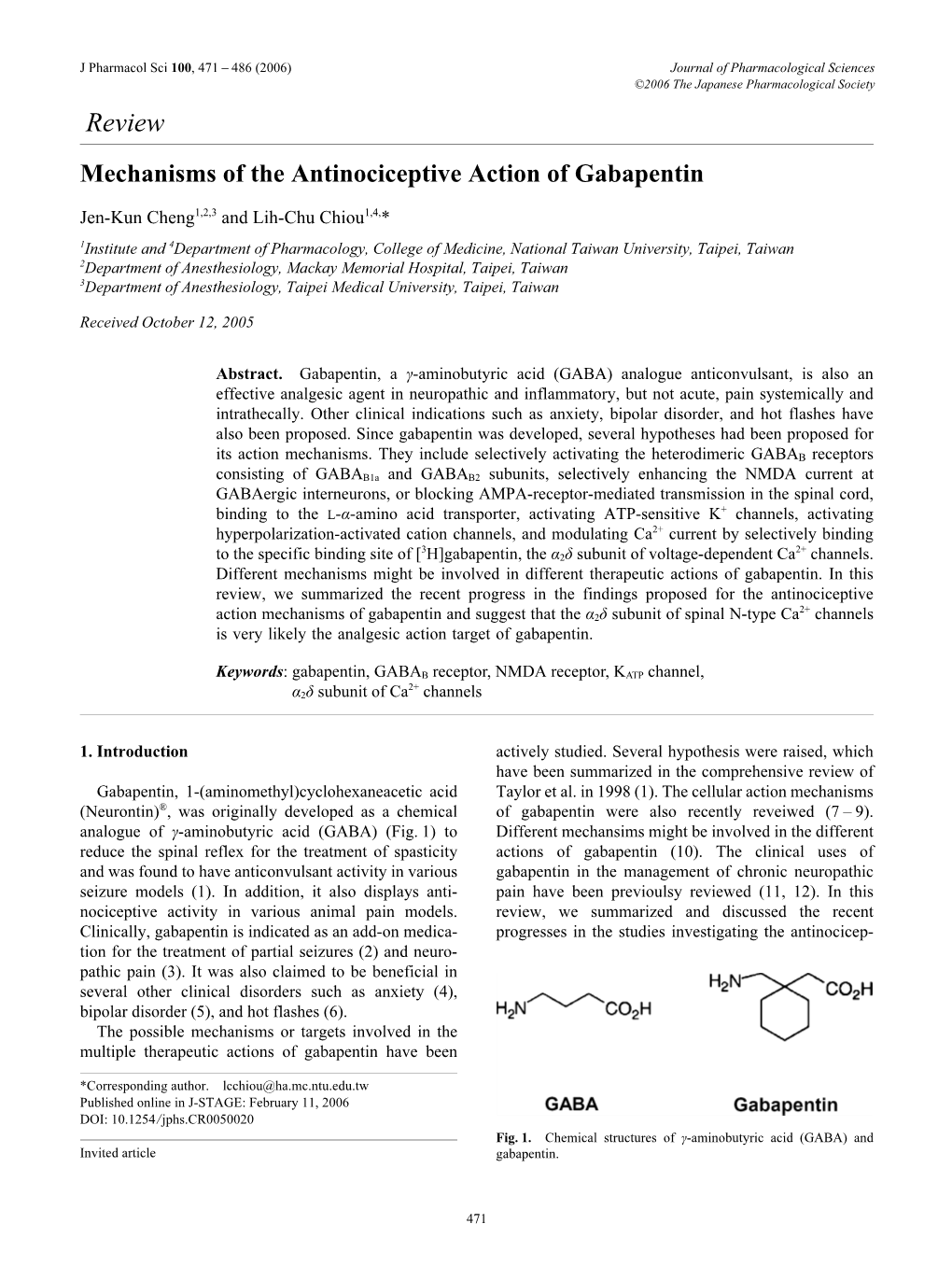 Review Mechanisms of the Antinociceptive Action of Gabapentin