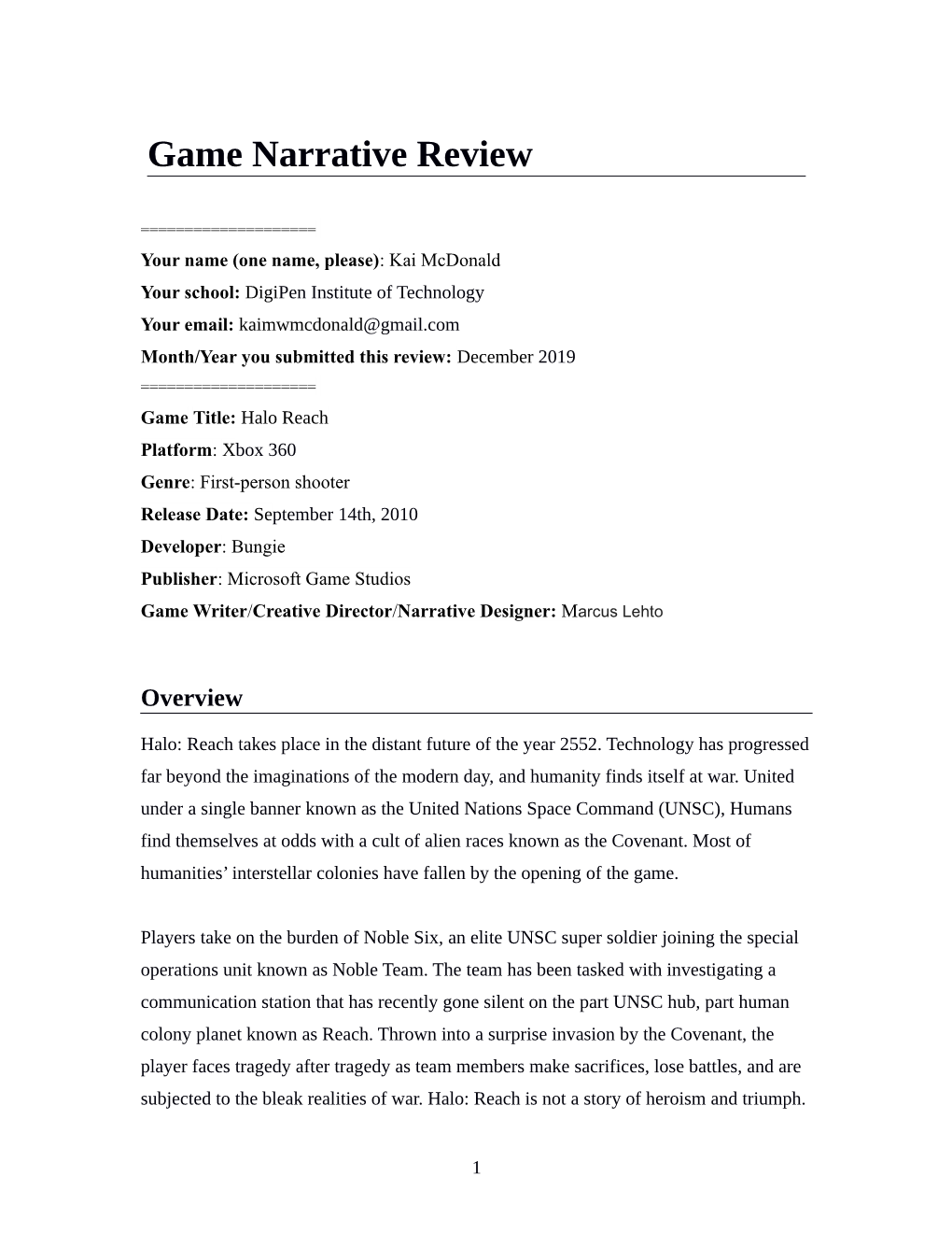 Game Narrative Review