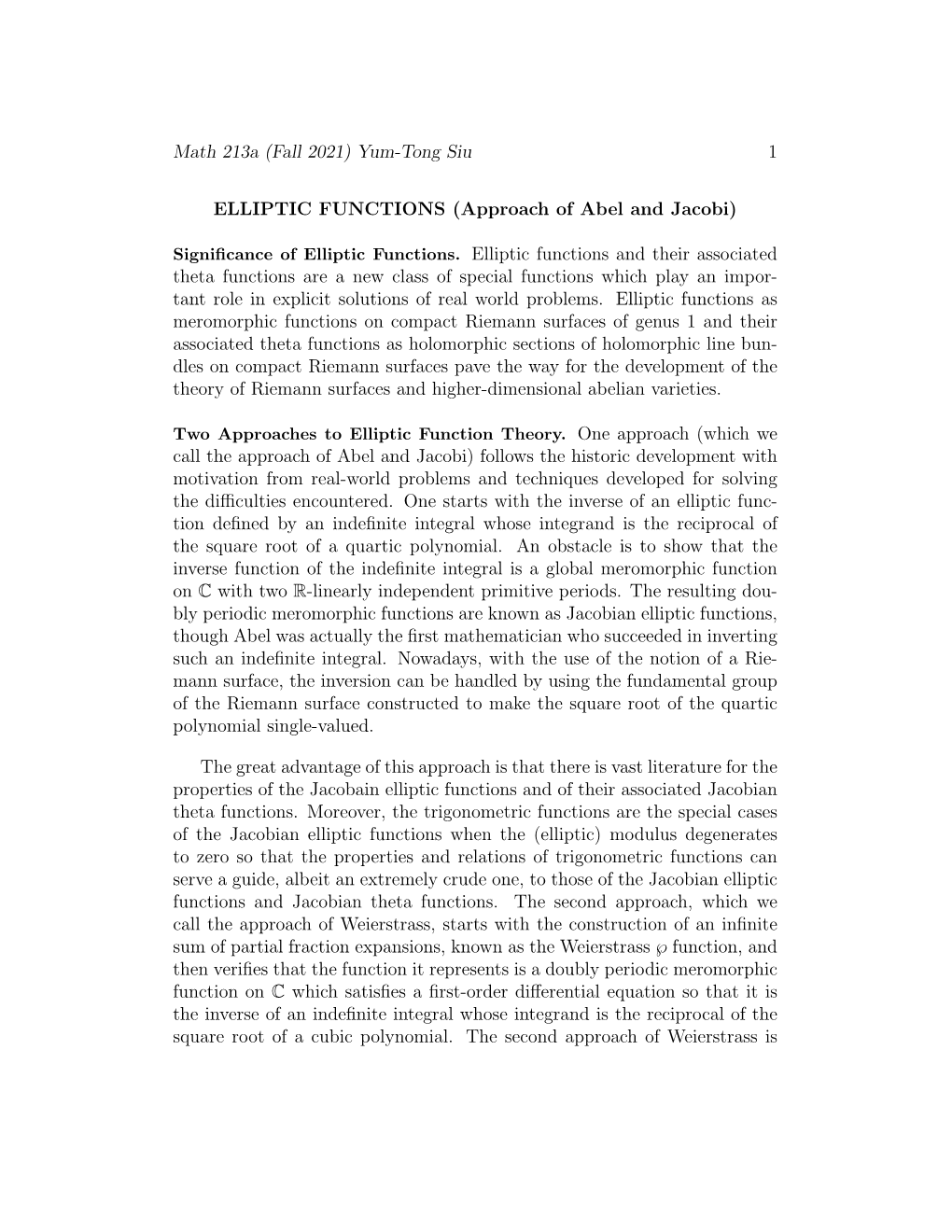 ELLIPTIC FUNCTIONS (Approach of Abel and Jacobi)