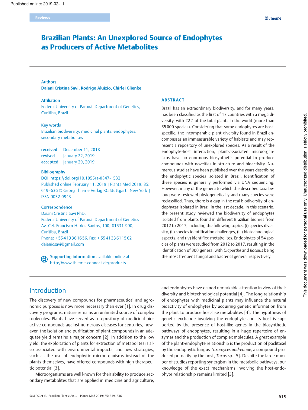 Brazilian Plants: an Unexplored Source of Endophytes As Producers of Active Metabolites