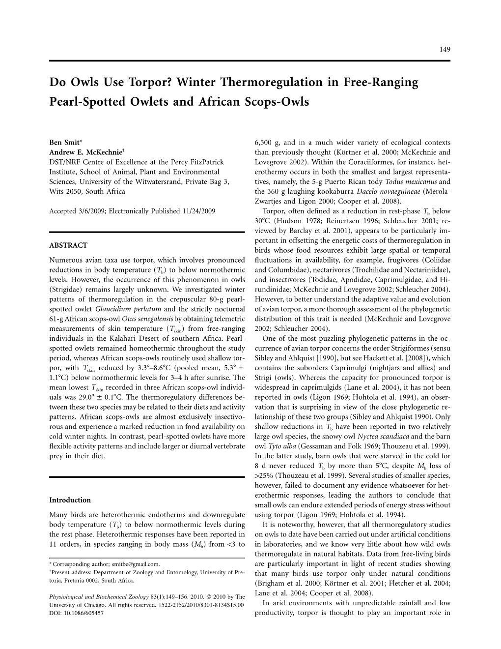 Winter Thermoregulation in Free-Ranging Pearl-Spotted Owlets and African Scops-Owls