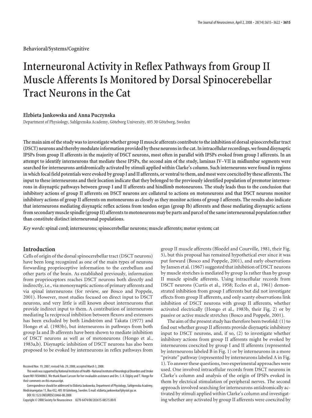 Interneuronal Activity in Reflex Pathways from Group II Muscle Afferents Is Monitored by Dorsal Spinocerebellar Tract Neurons in the Cat