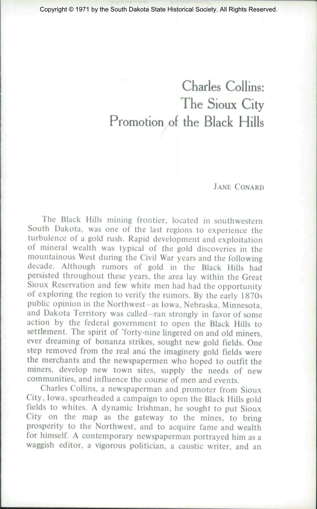 Charles Collins: the SIOUX City Promotion of the Black Hills