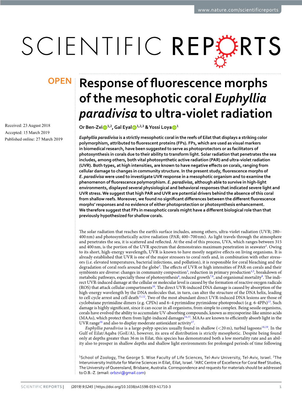 Response of Fluorescence Morphs of the Mesophotic Coral Euphyllia Paradivisa to Ultra-Violet Radiation