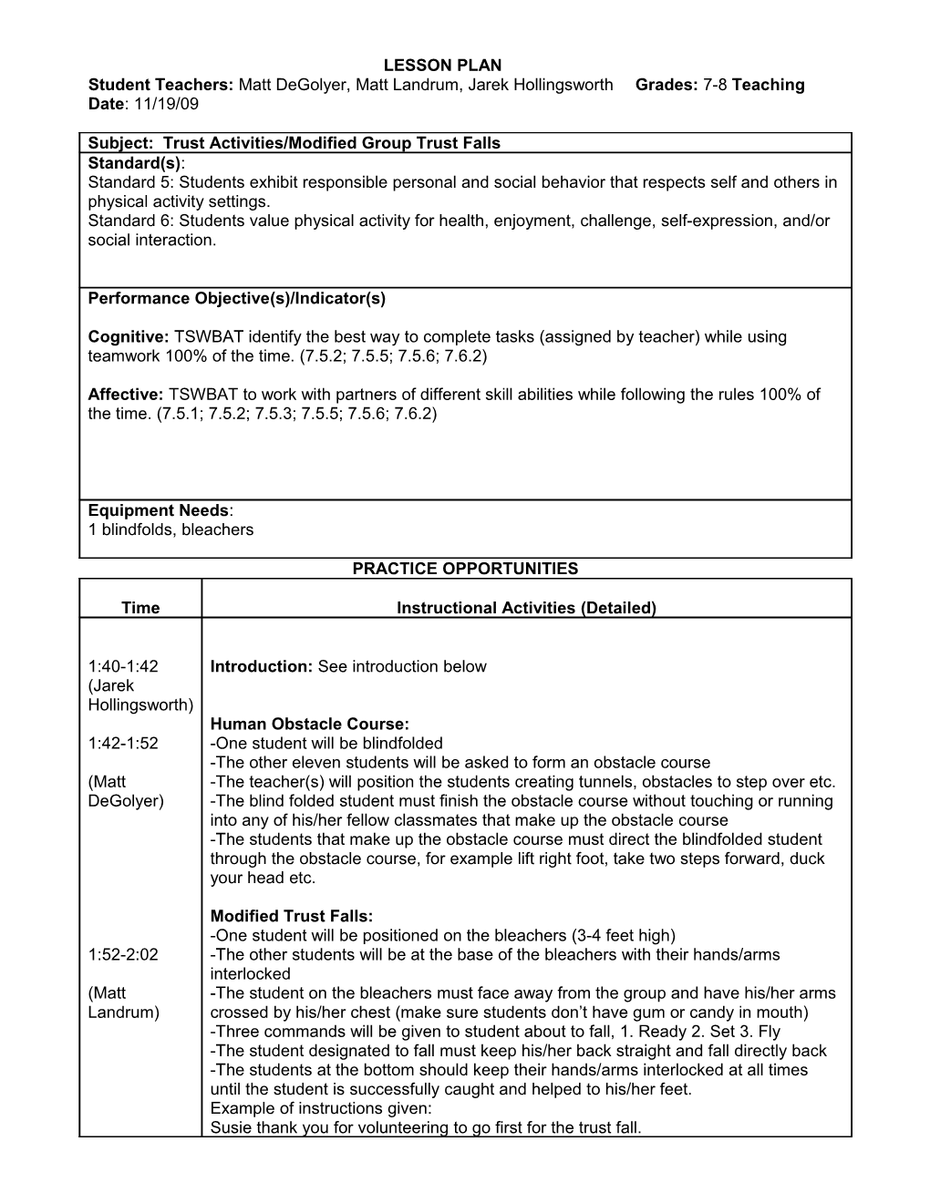 Subject: Trust Activities/Modified Group Trust Falls