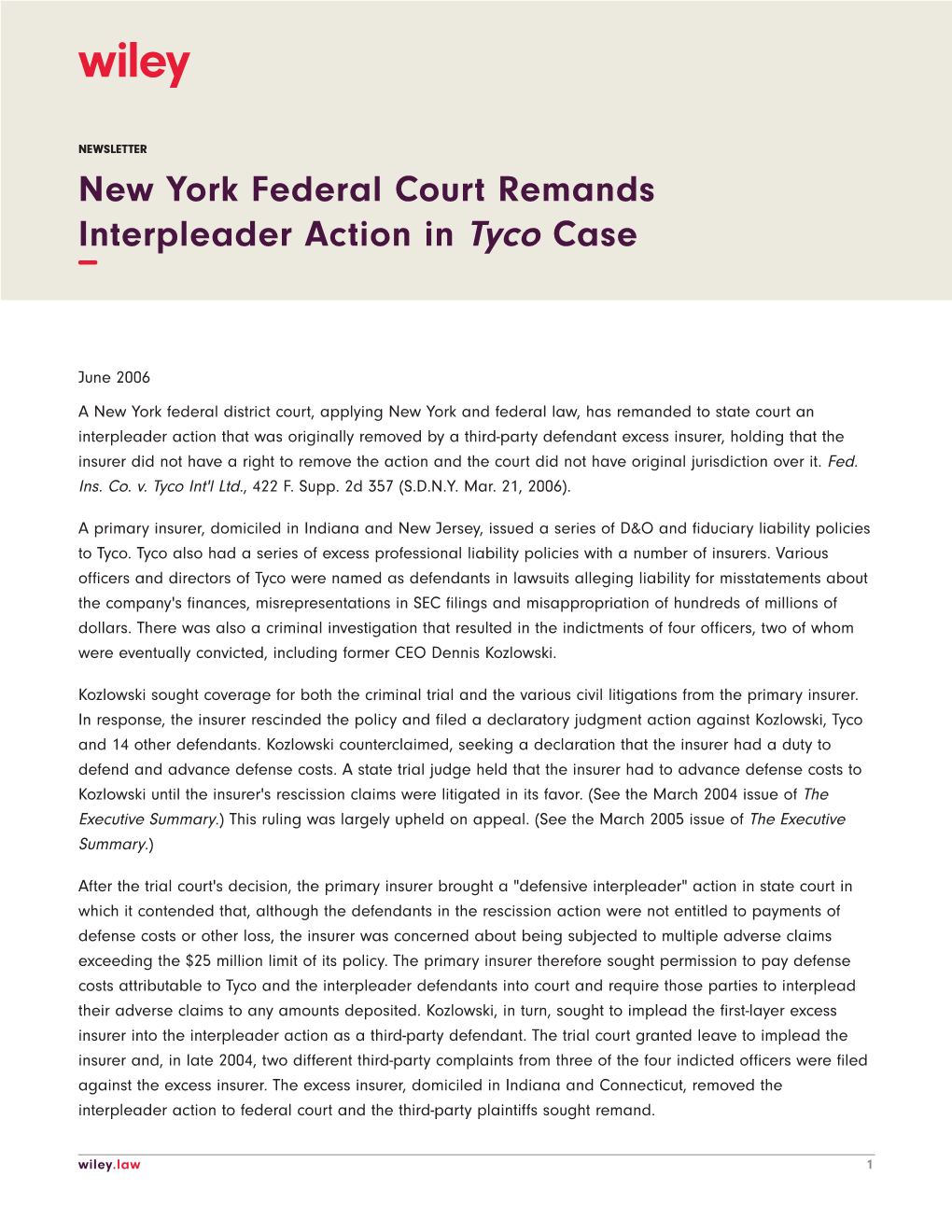 New York Federal Court Remands Interpleader Action in Tyco Case −