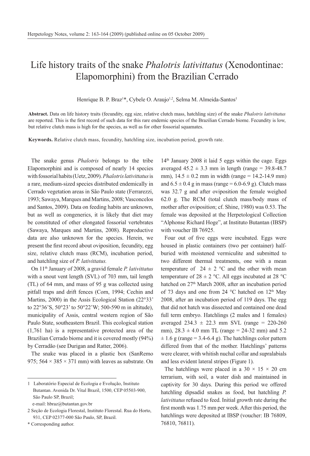 Life History Traits of the Snake Phalotris Lativittatus (Xenodontinae: Elapomorphini) from the Brazilian Cerrado