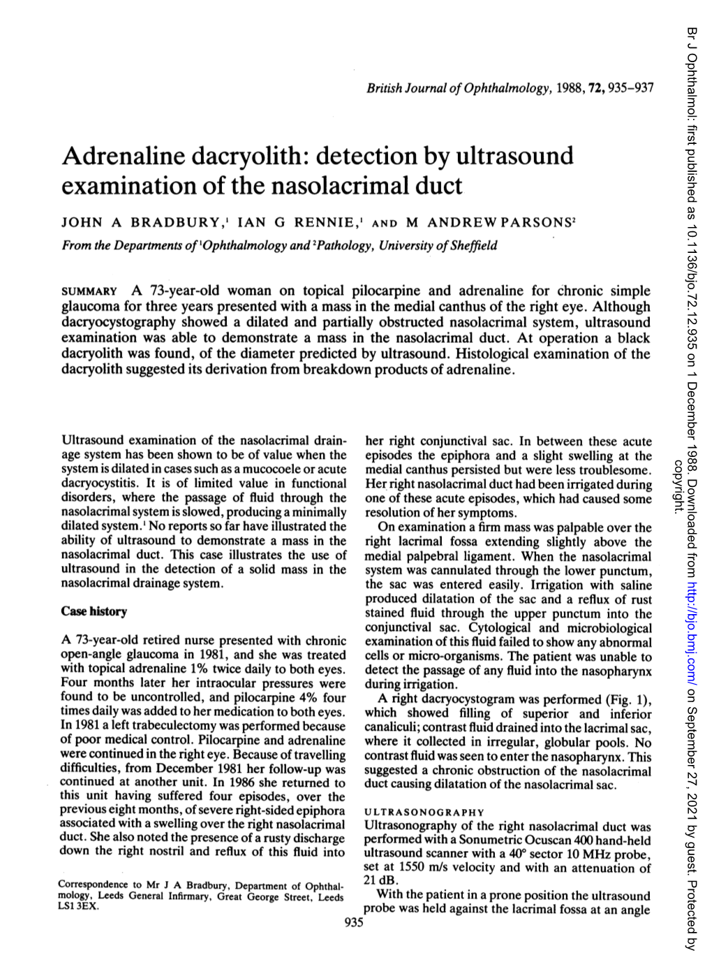 Adrenaline Dacryolith: Detection by Ultrasound Examination of the Nasolacrimal Duct