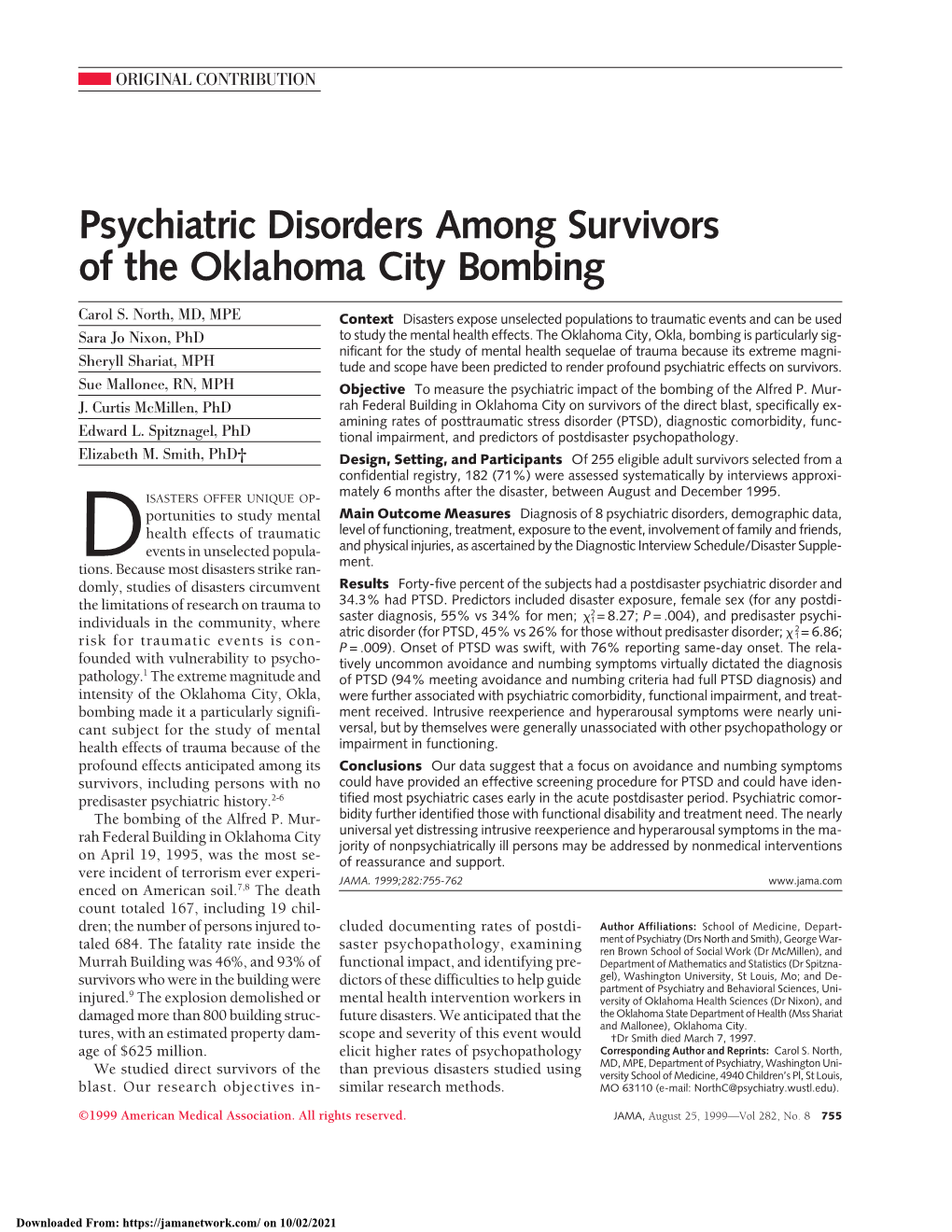 Psychiatric Disorders Among Survivors of the Oklahoma City Bombing