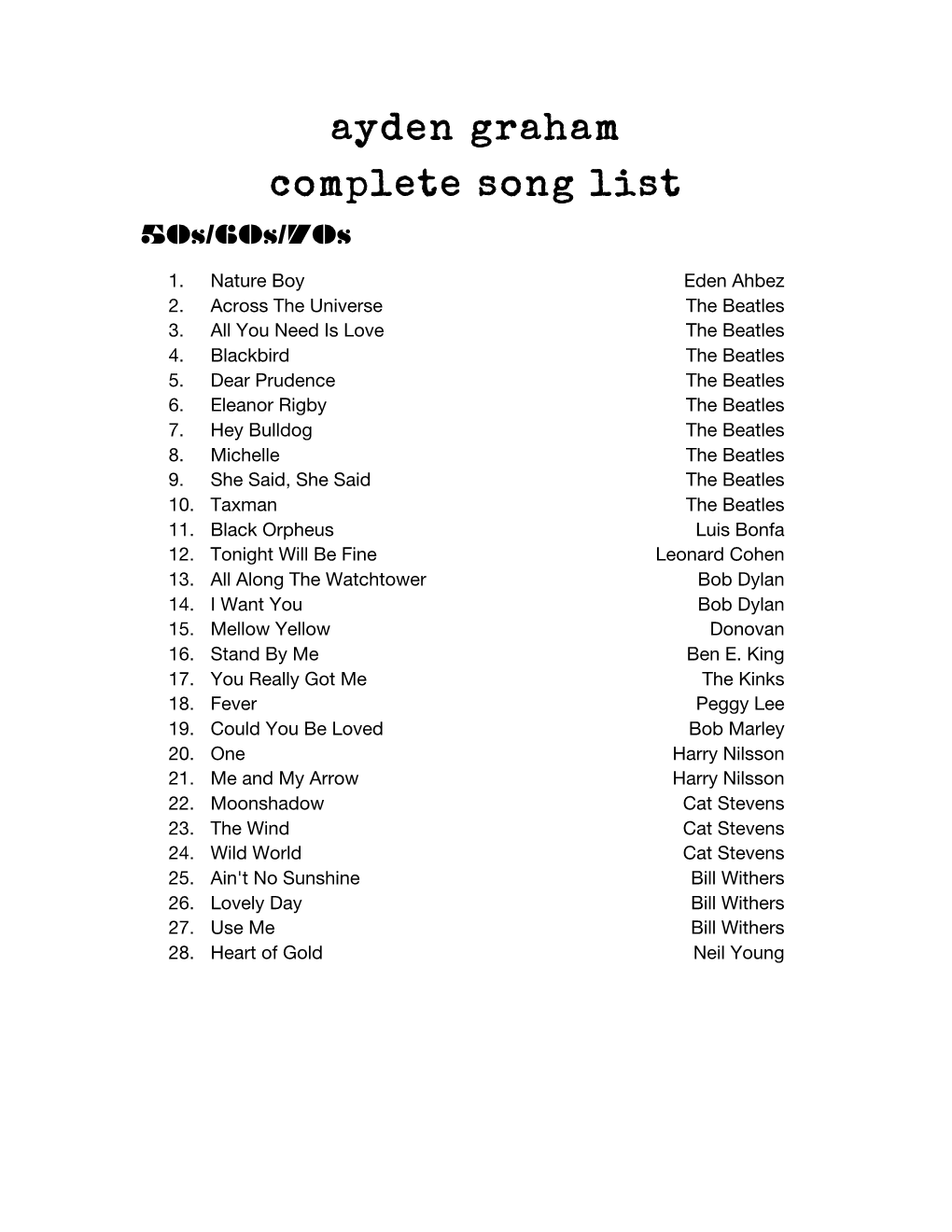 Ayden Graham Complete Song List 50S/60S/70S