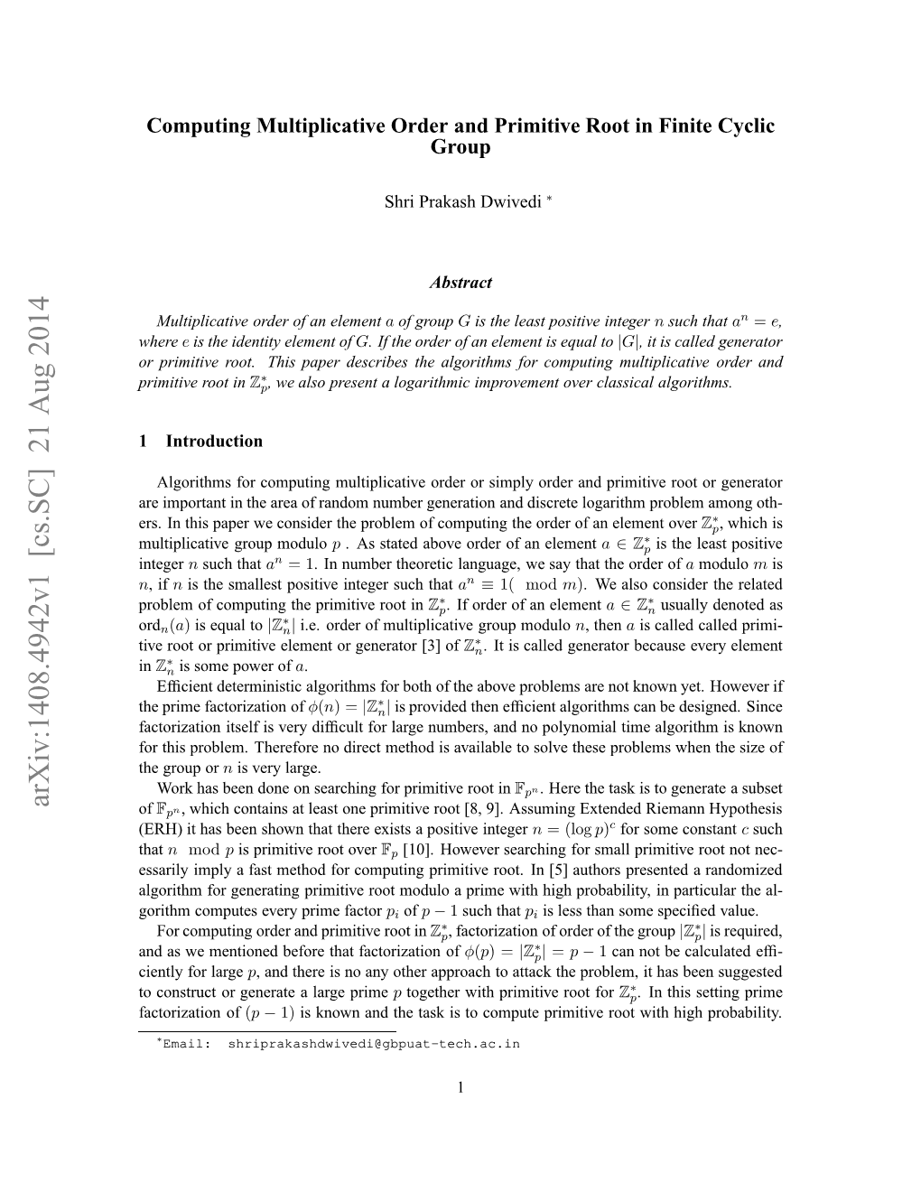 Computing Multiplicative Order and Primitive Root in Finite Cyclic Group