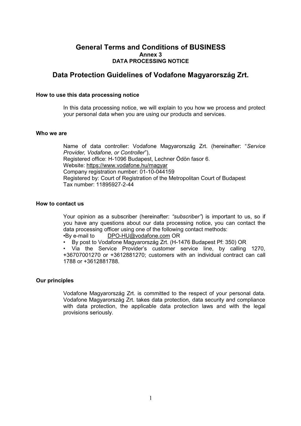 General Terms and Conditions of BUSINESS Annex 3 DATA PROCESSING NOTICE