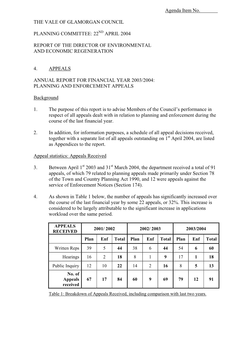 Agenda Item No. the VALE of GLAMORGAN COUNCIL PLANNING COMMITTEE: 22 APRIL 2004 REPORT of the DIRECTOR of ENVIRONMENTAL