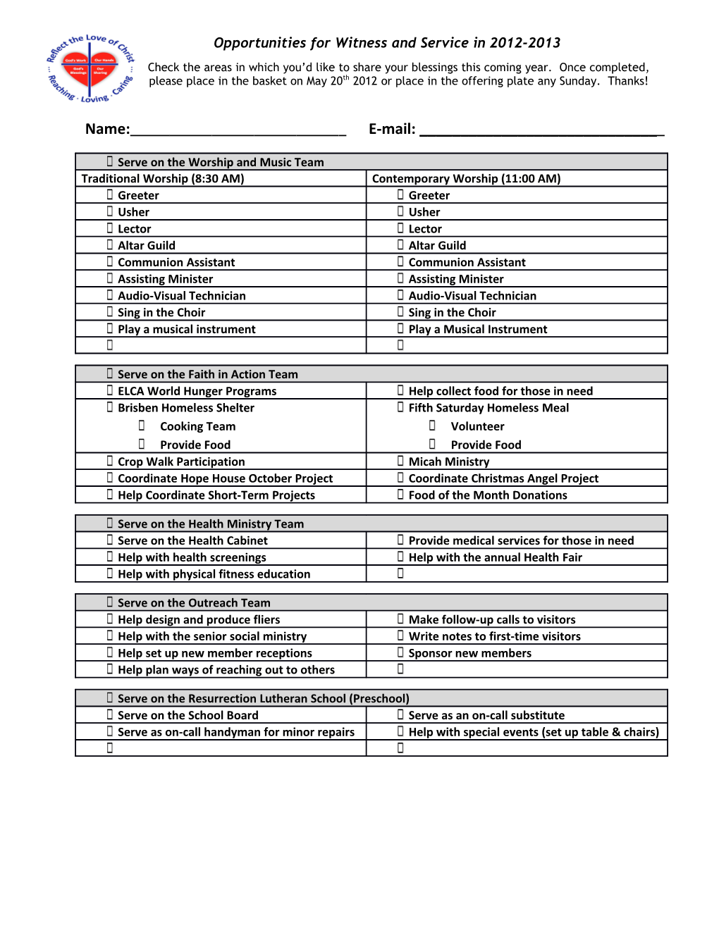 Opportunities for Witness & Service in 2012-2013