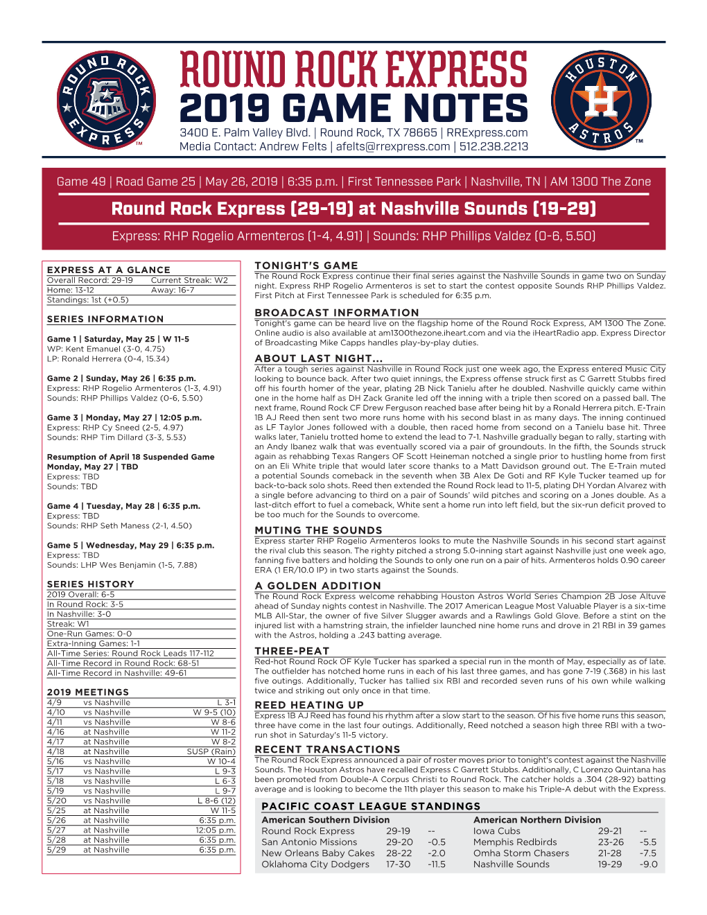 Round Rock Express 2019 GAME NOTES 3400 E