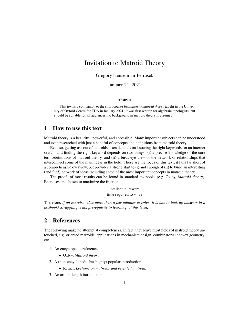 Invitation to Matroid Theory