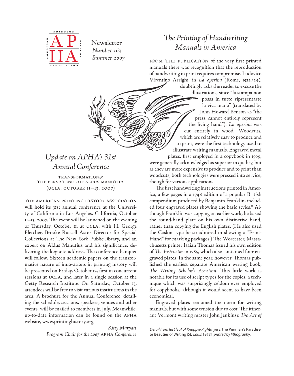 The Printing of Handwriting Manuals in America Update on APHA's 31St