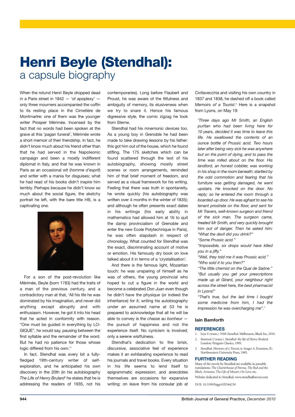 Henri Beyle (Stendhal): a Capsule Biography