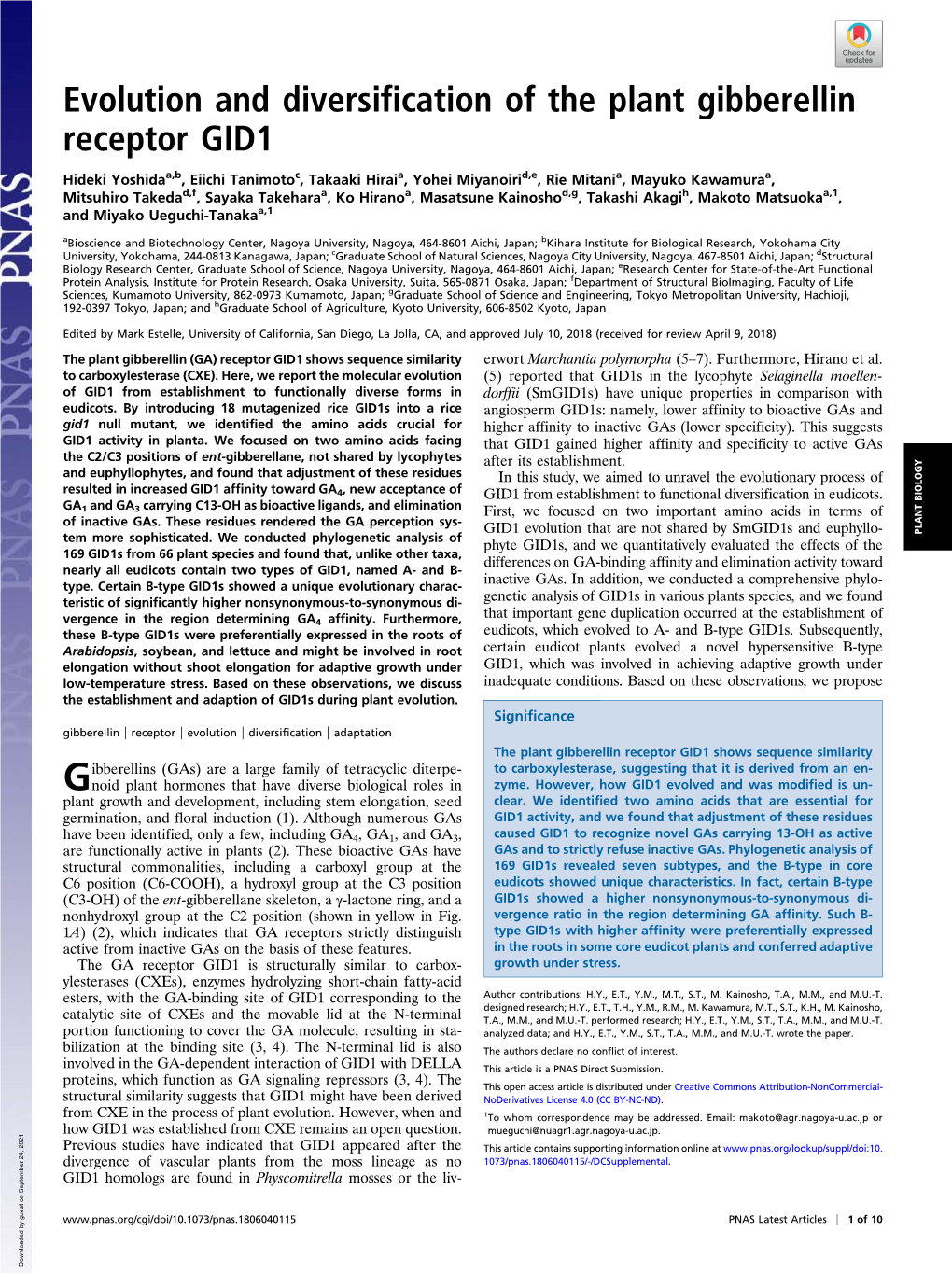 Evolution and Diversification of the Plant Gibberellin Receptor GID1