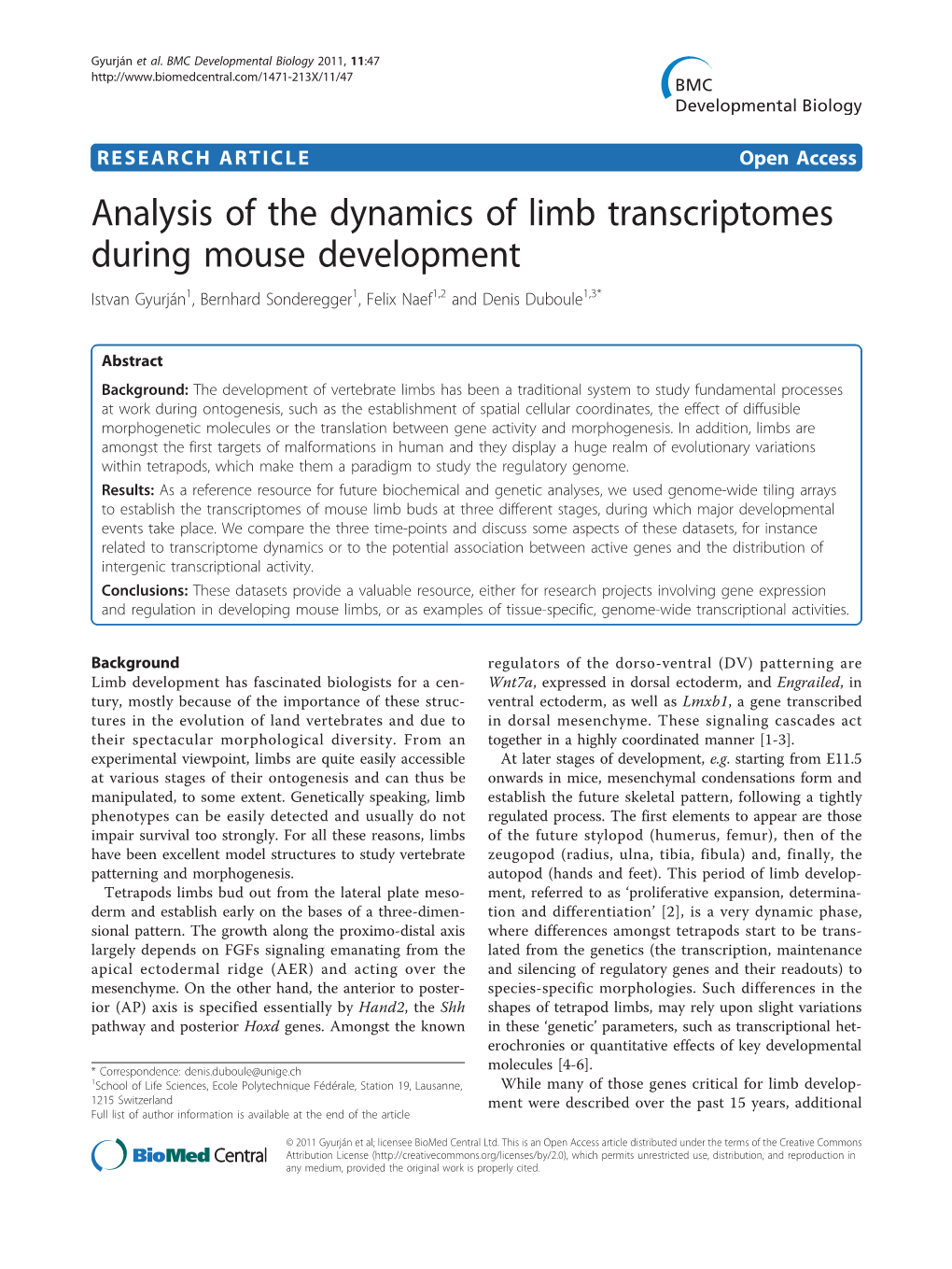 Analysis of the Dynamics of Limb Transcriptomes During Mouse Development Istvan Gyurján1, Bernhard Sonderegger1, Felix Naef1,2 and Denis Duboule1,3*