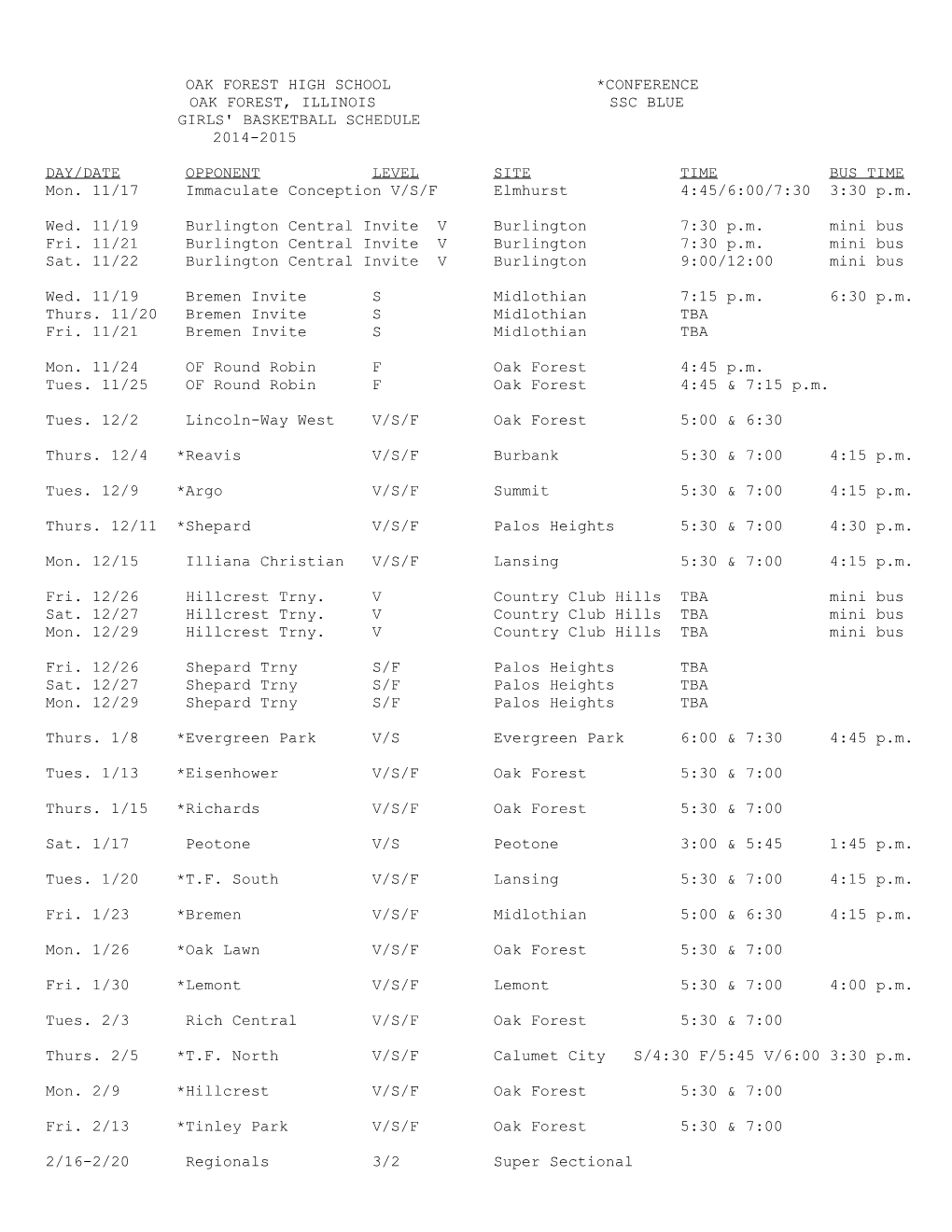 Girls Basketball Schedule