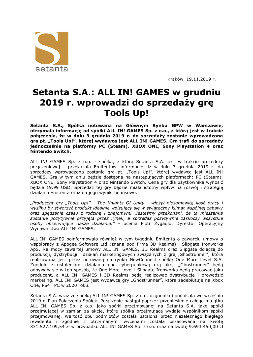 Setanta S.A.: ALL IN! GAMES W Grudniu 2019 R. Wprowadzi Do Sprzedaży Grę Tools Up!