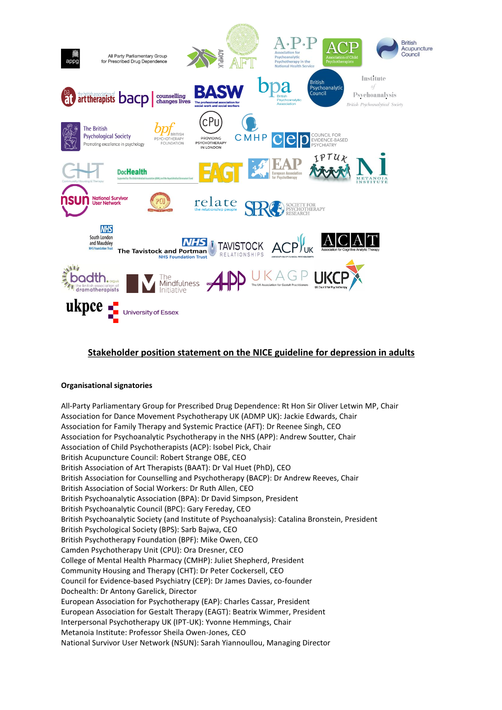 Stakeholder Position Statement on the NICE Guidelines for Depression In