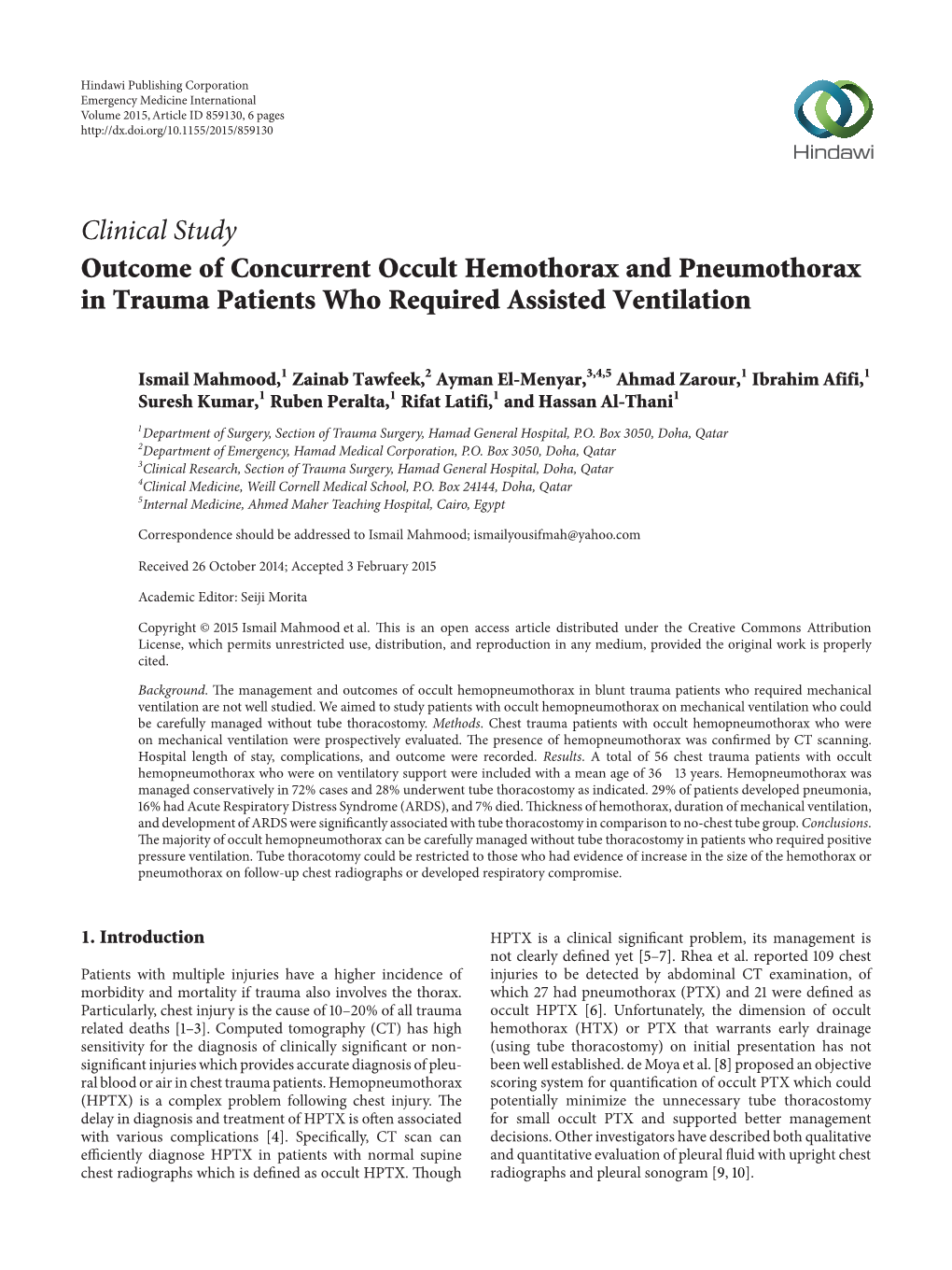 Clinical Study Outcome of Concurrent Occult Hemothorax and Pneumothorax in Trauma Patients Who Required Assisted Ventilation