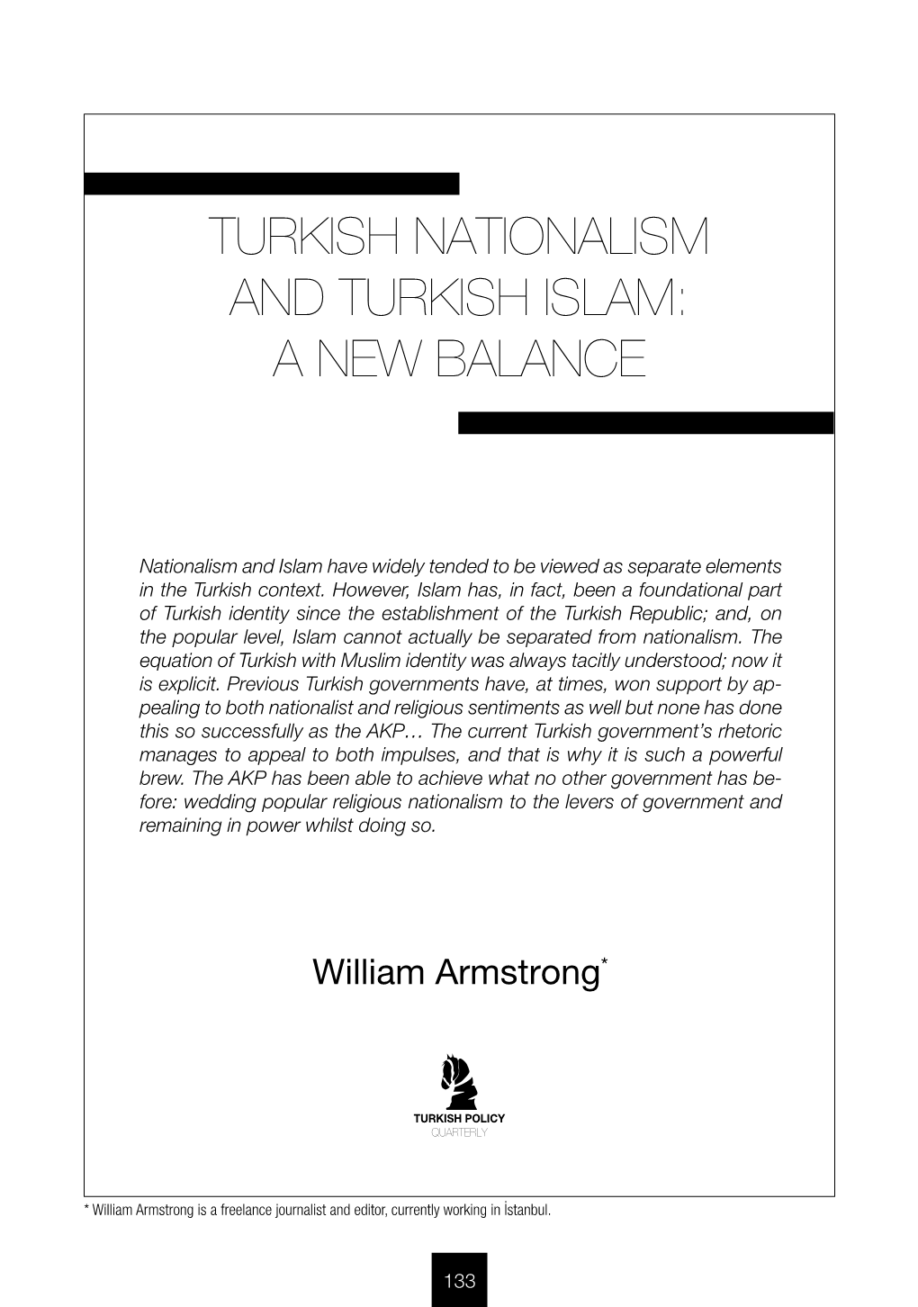 Turkish Nationalism and Turkish Islam: a New Balance