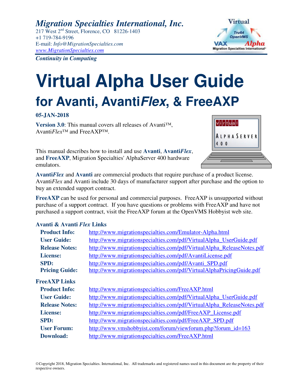 Virtual Alpha User Guide for Avanti, Avantiflex, & Freeaxp 05-JAN-2018 Version 3.0: This Manual Covers All Releases of Avanti™, Avantiflex™ and Freeaxp™