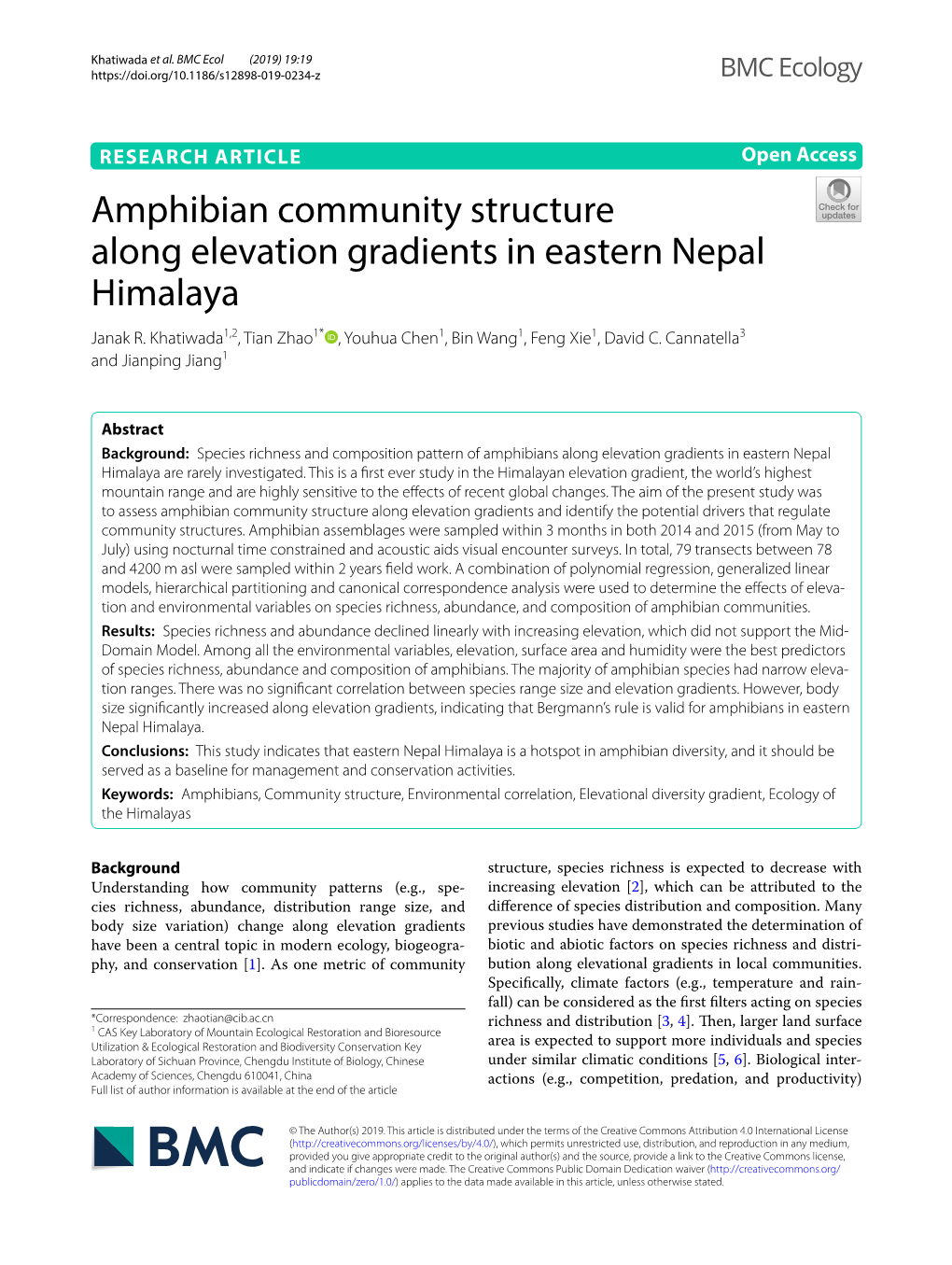 Amphibian Community Structure Along Elevation Gradients in Eastern Nepal Himalaya Janak R