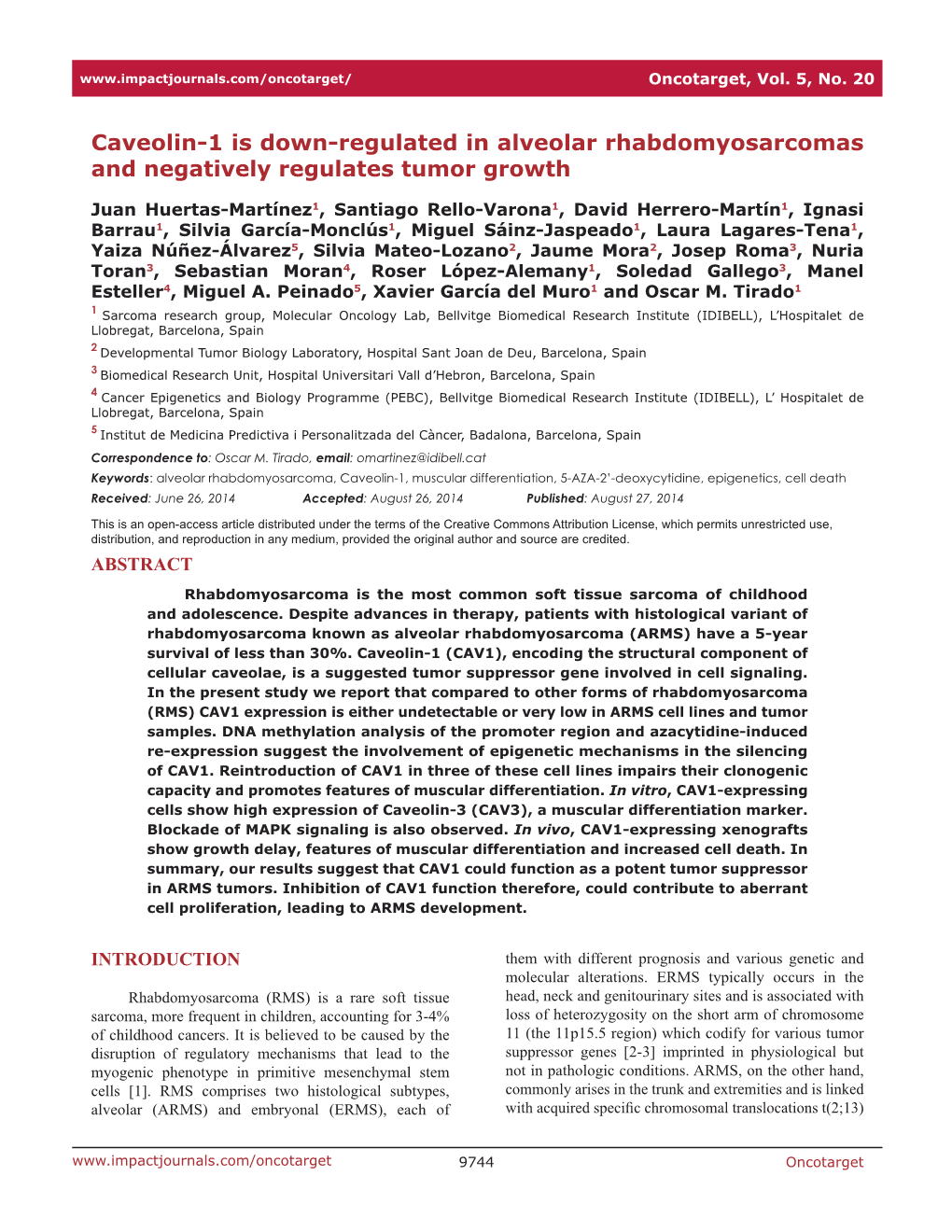 Caveolin-1 Is Down-Regulated in Alveolar Rhabdomyosarcomas and Negatively Regulates Tumor Growth