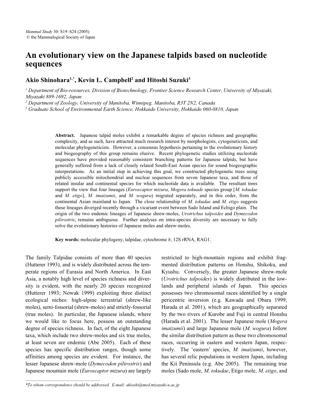 An Evolutionary View on the Japanese Talpids Based on Nucleotide Sequences