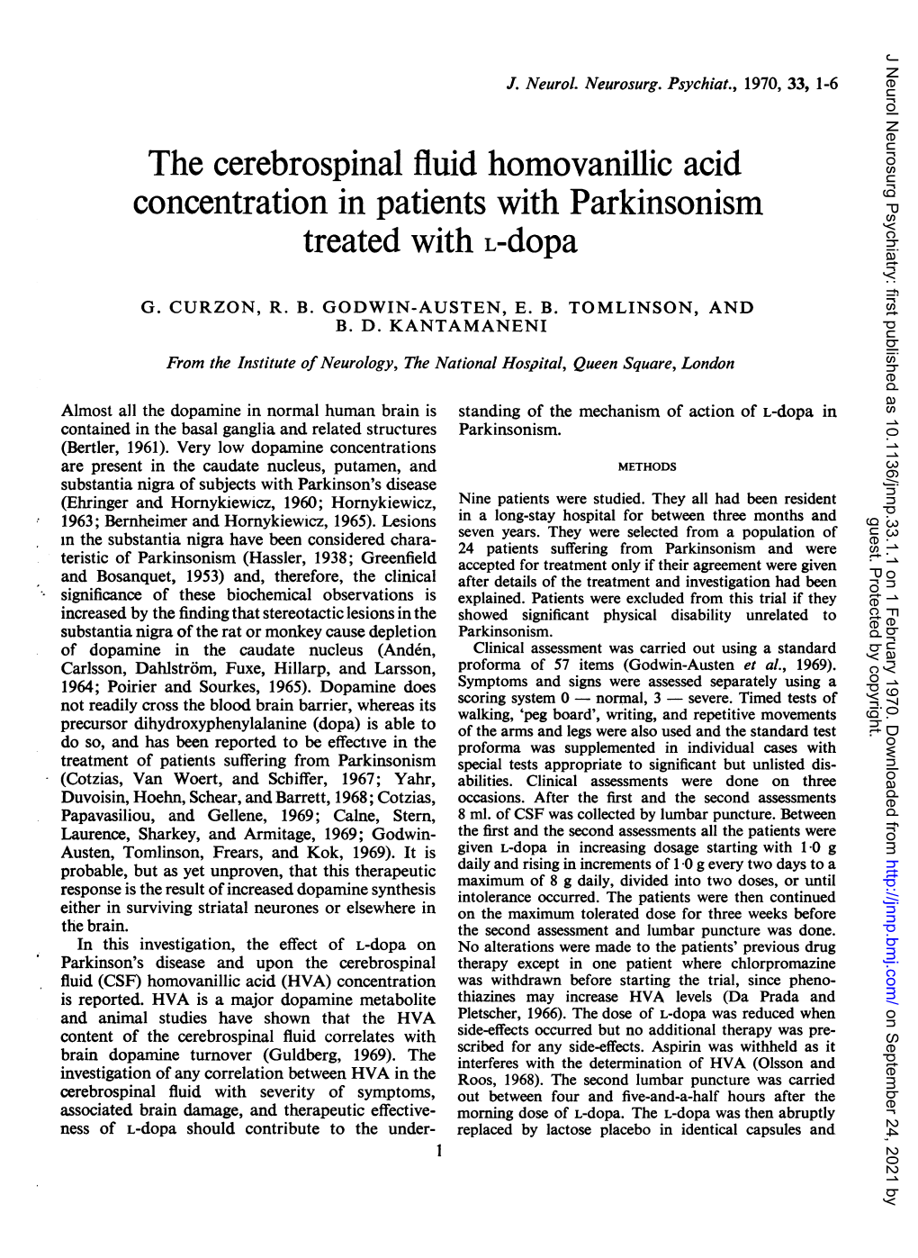 The Cerebrospinal Fluid Homovanillic Acid Concentration in Patients with Parkinsonism Treated with L-Dopa