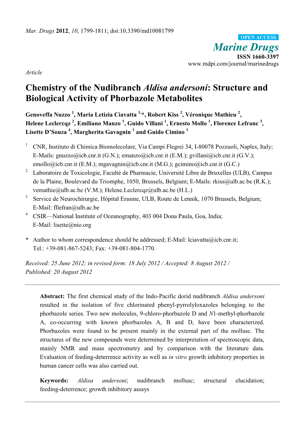 Chemistry of the Nudibranch Aldisa Andersoni: Structure and Biological Activity of Phorbazole Metabolites