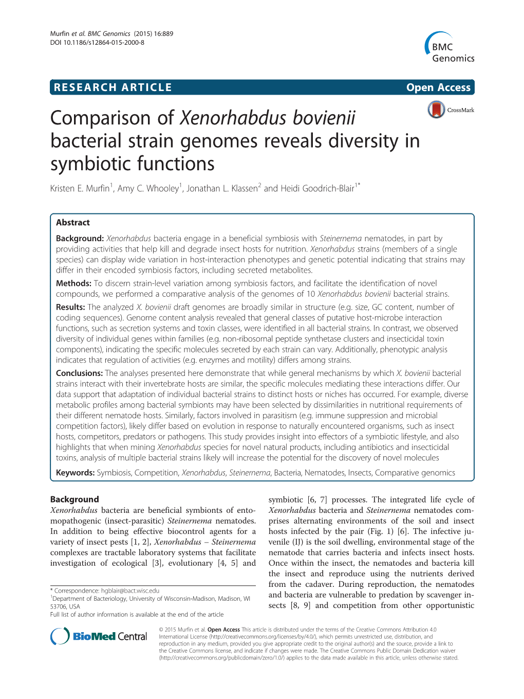 Comparison of Xenorhabdus Bovienii Bacterial Strain Genomes Reveals Diversity in Symbiotic Functions Kristen E