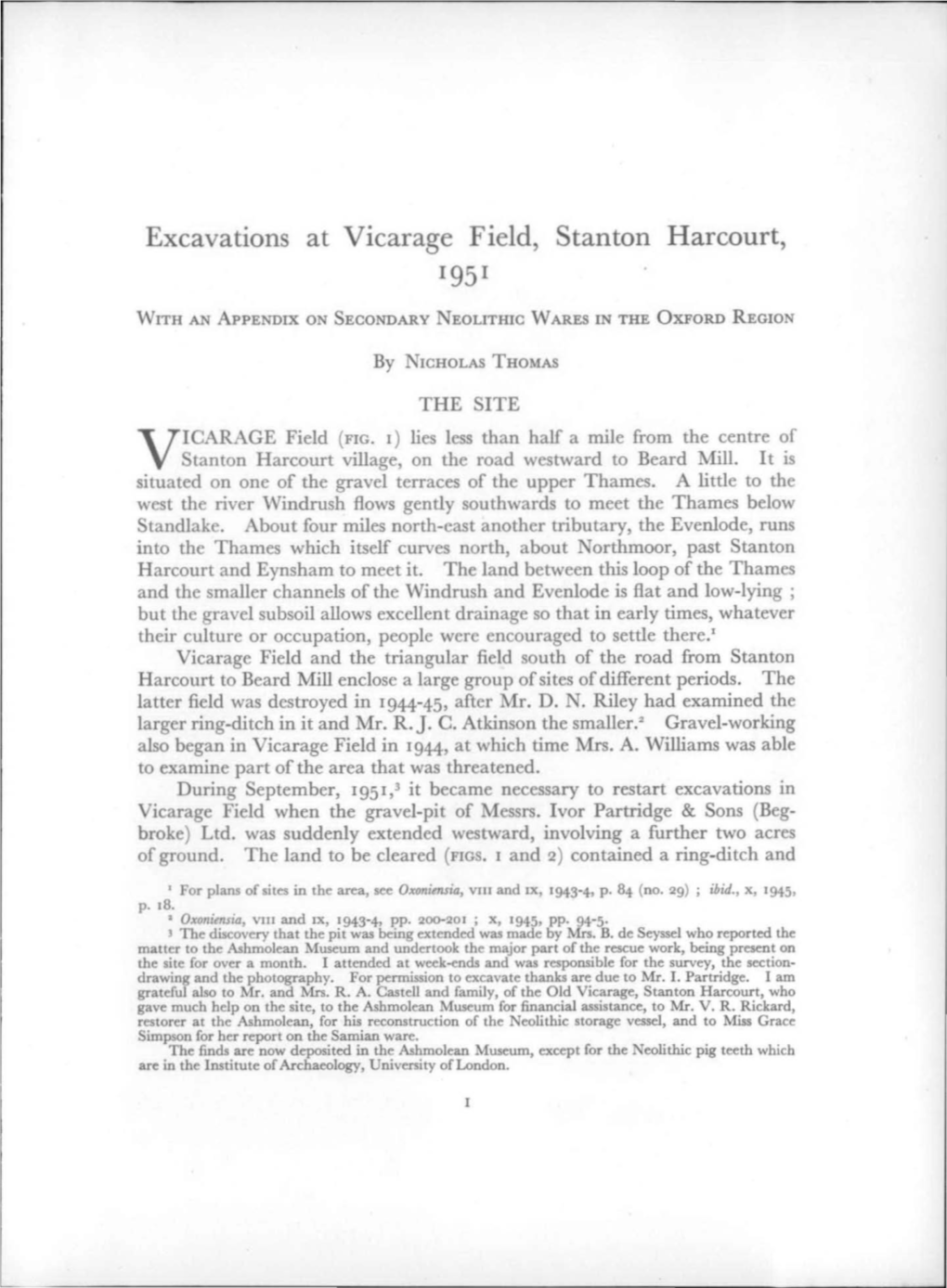 Excavations at Vicarage Field, Stanton Harcourt, 1951