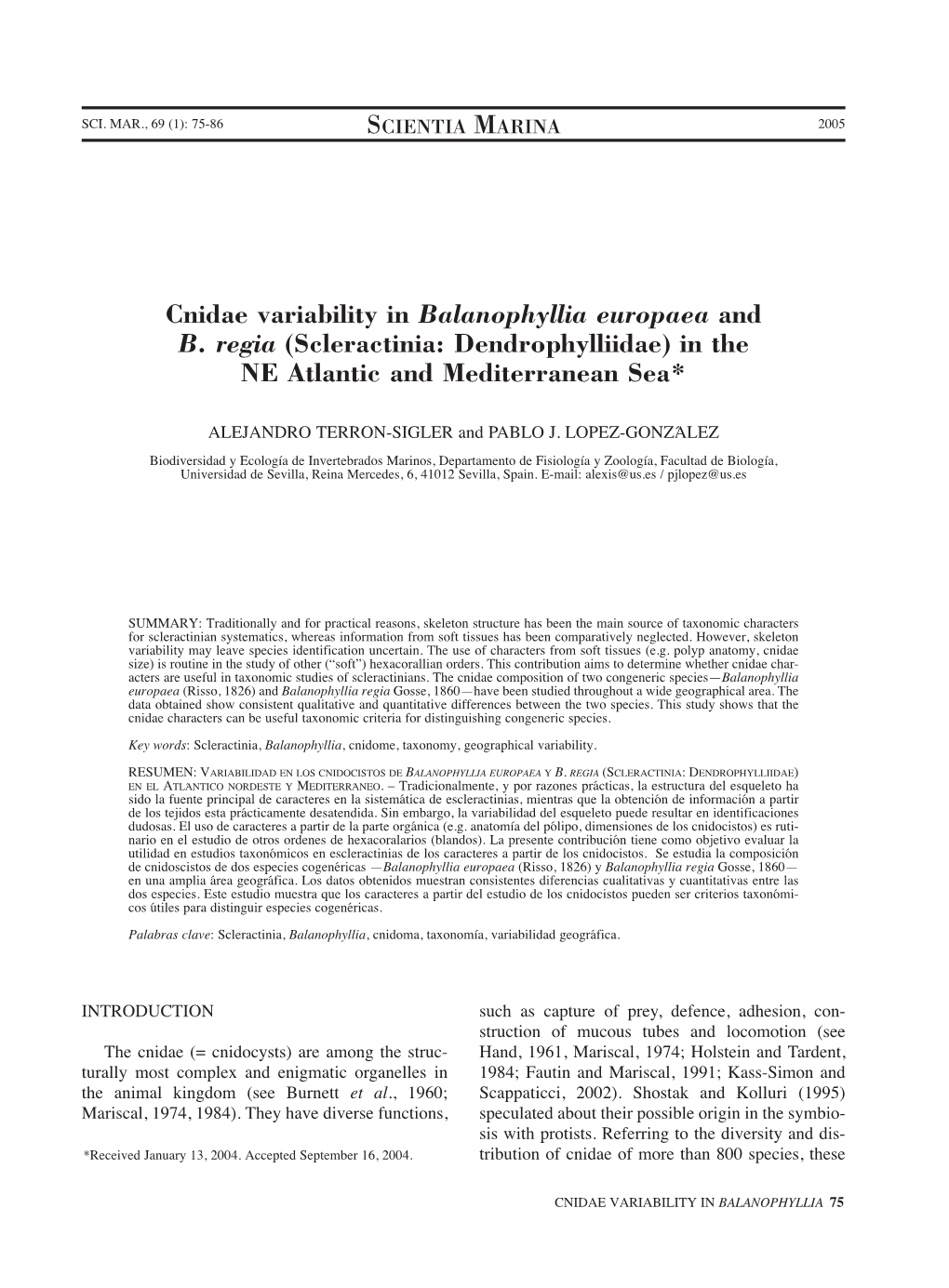 Cnidae Variability in Balanophyllia Europaea and B