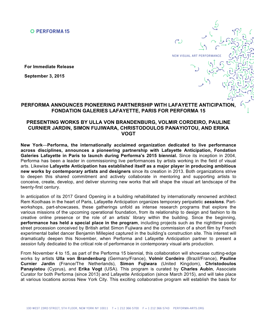 Performa Announces Pioneering Partnership with Lafayette Anticipation, Fondation Galeries Lafayette, Paris for Performa 15