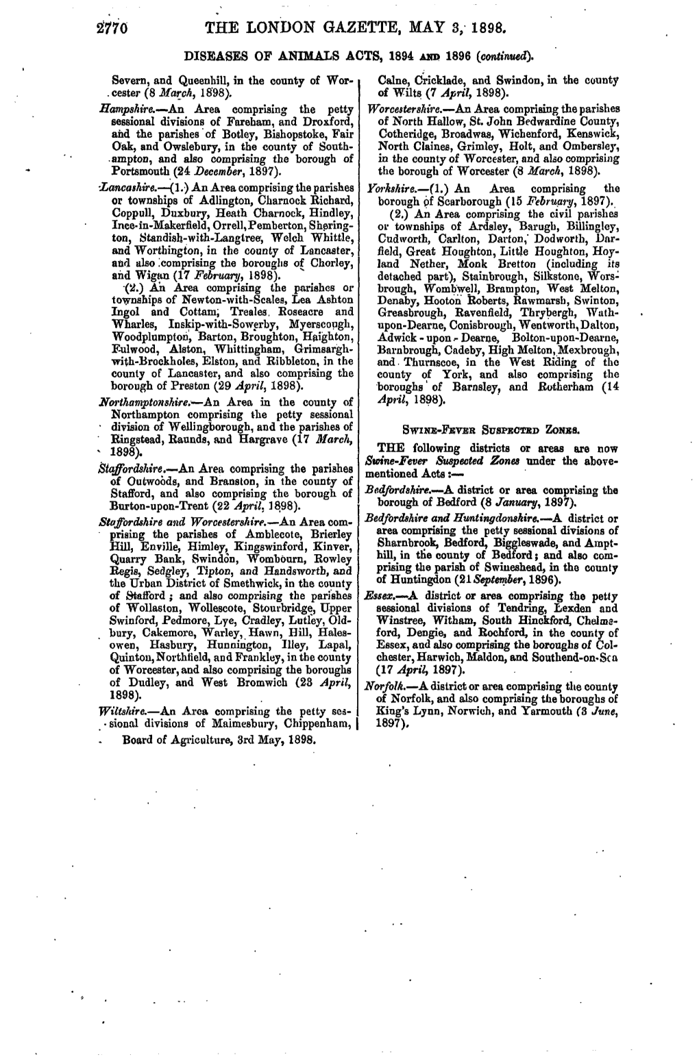 2770 the LONDON GAZETTE, MAY 3, 1898. DISEASES of ANIMALS ACTS, 1894 and 1896 (Continued}