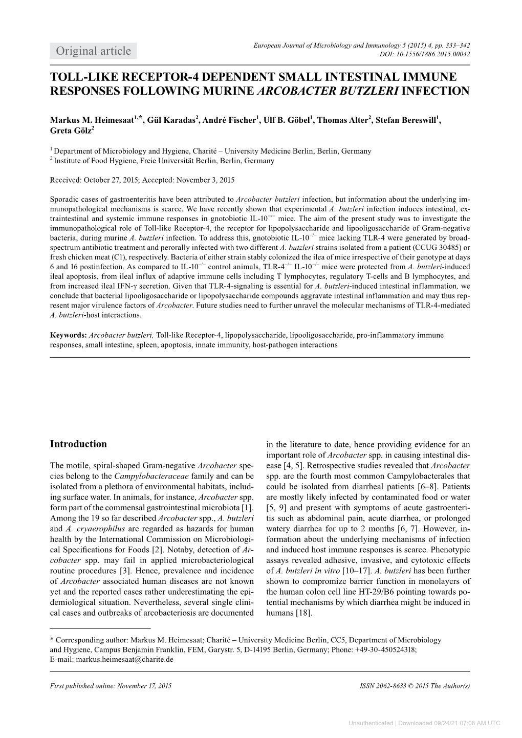 Toll-Like Receptor-4 Dependent Small Intestinal Immune Responses Following Murine Arcobacter Butzleri Infection