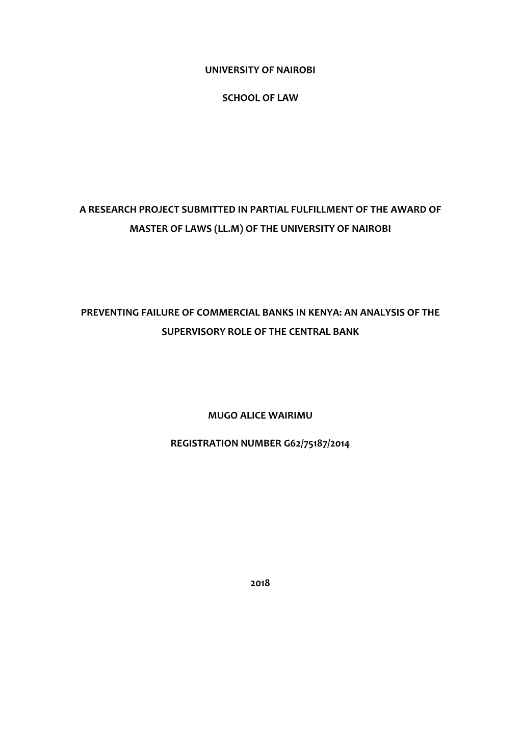 Preventing Failure of Commercial Banks in Kenya: an Analysis of the Supervisory Role of the Central Bank