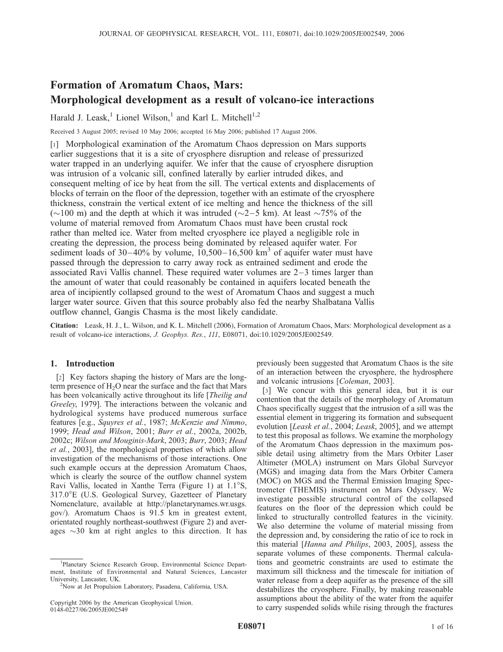 Formation of Aromatum Chaos, Mars: Morphological Development As a Result of Volcano-Ice Interactions Harald J