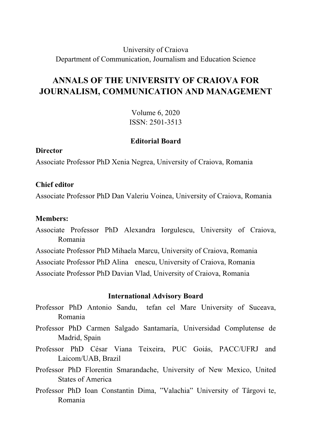 Annals of the University of Craiova for Journalism, Communication and Management