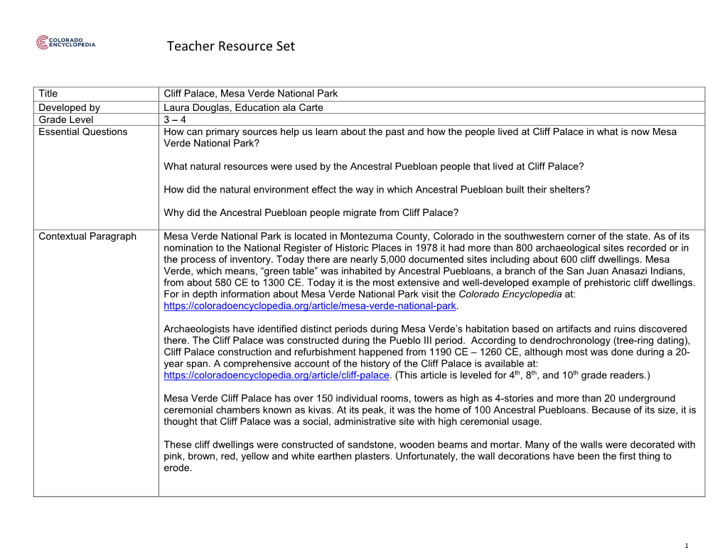 Cliff Palace Teacher Resource