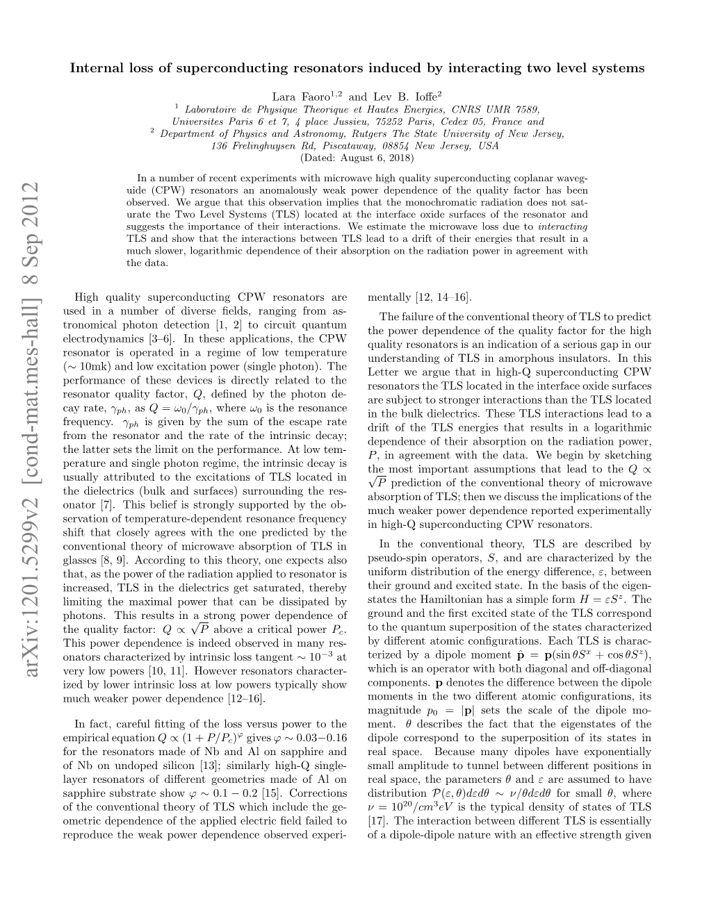 Internal Loss of Superconducting Resonators Induced by Interacting