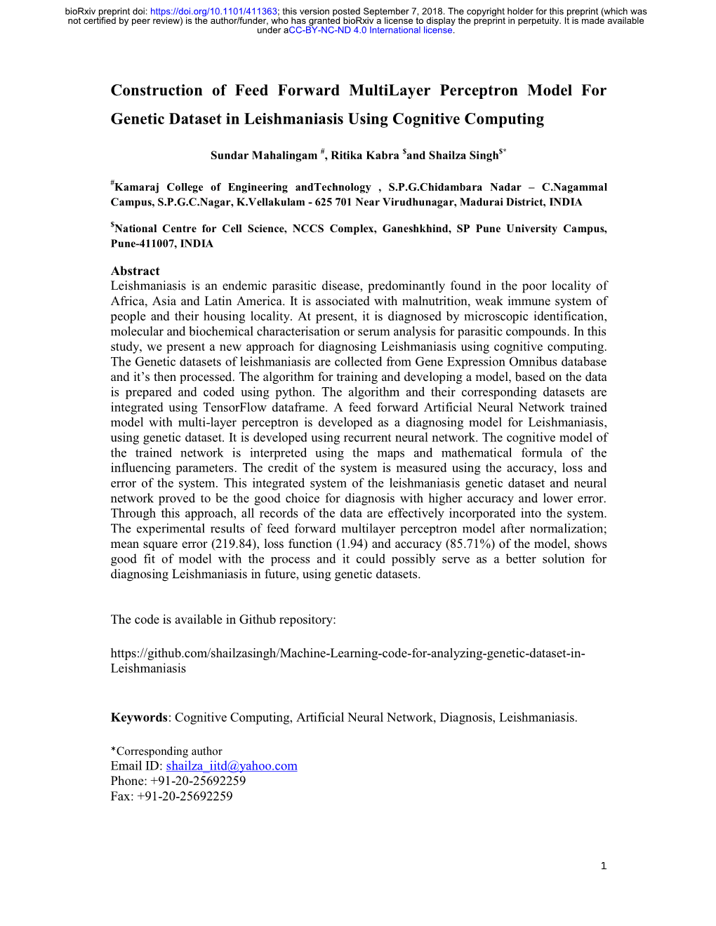 Construction of Feed Forward Multilayer Perceptron Model for Genetic Dataset in Leishmaniasis Using Cognitive Computing