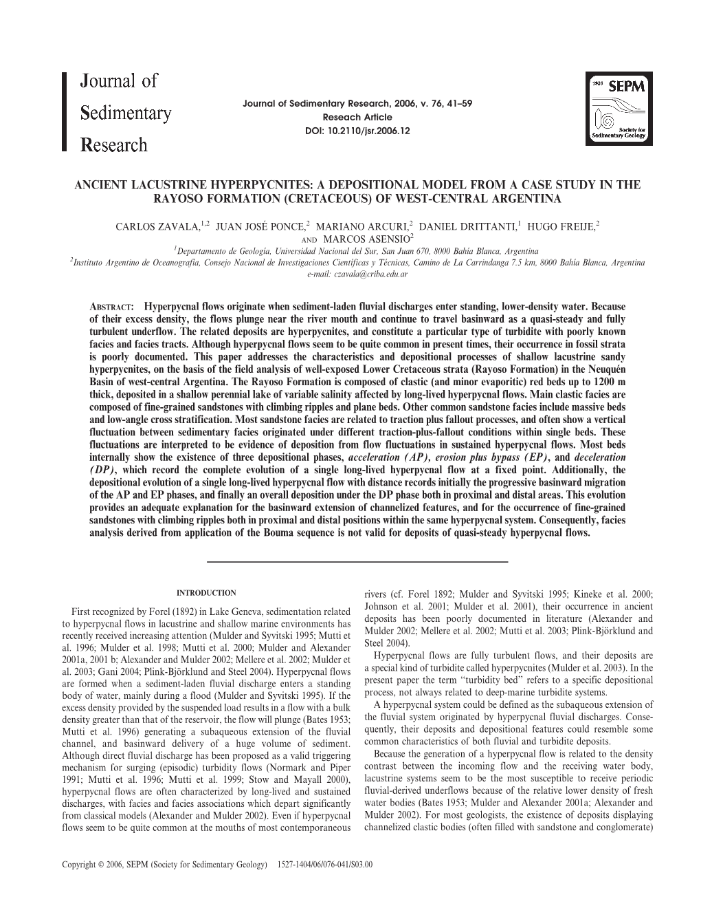 Ancient Lacustrine Hyperpycnites: a Depositional Model from a Case Study in the Rayoso Formation (Cretaceous) of West-Central Argentina