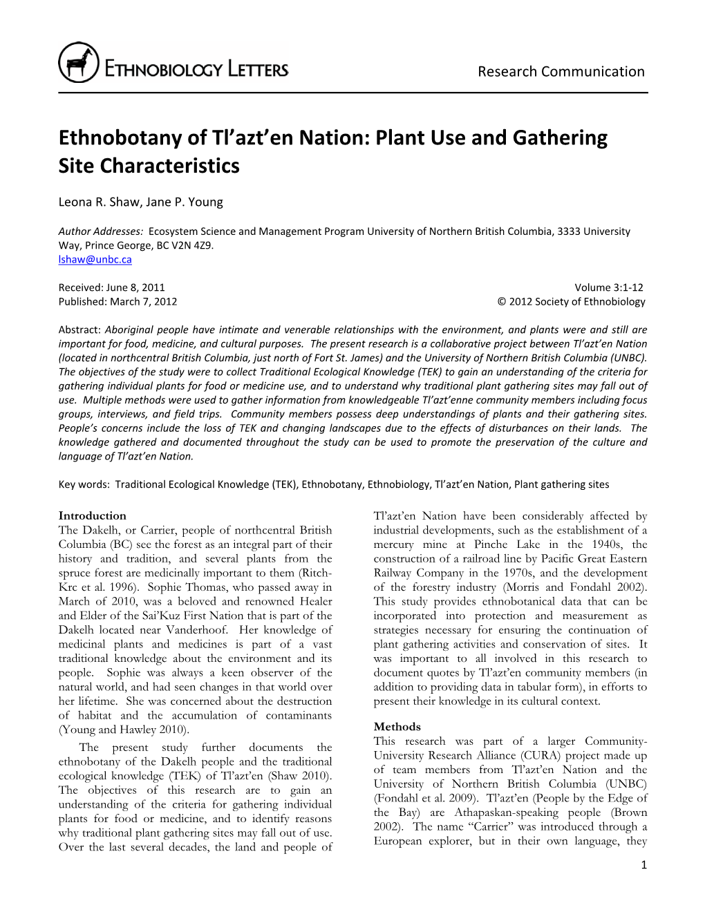 Ethnobotany of Tl'azt'en Nation