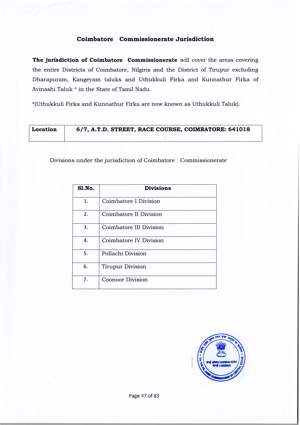 Coimbatore Commissionerate Jurisdiction